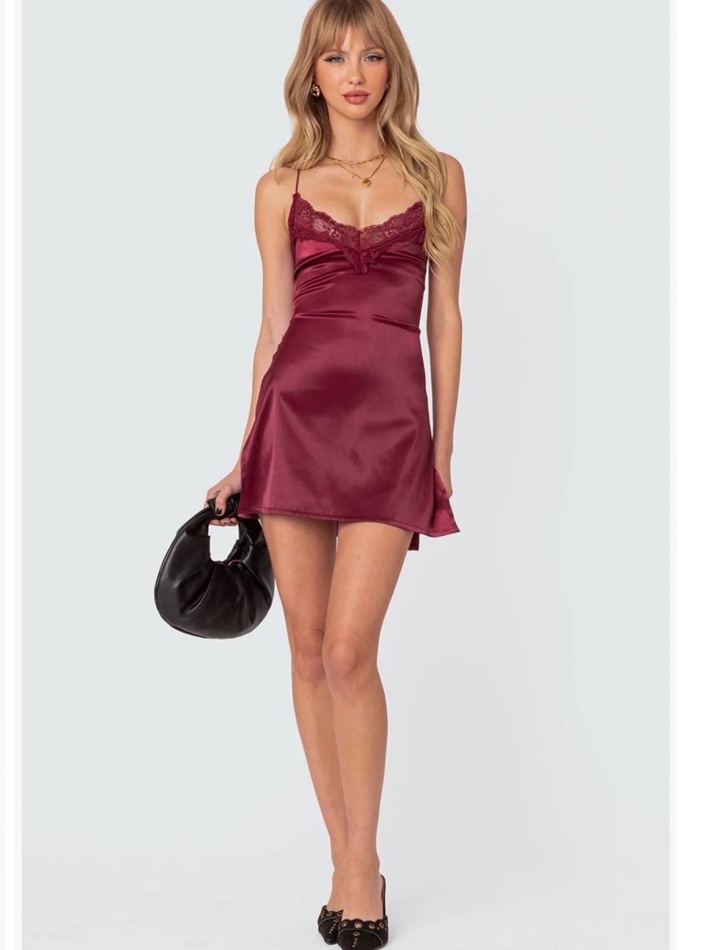 Satin Lace Trim mini Dress- Burgundy